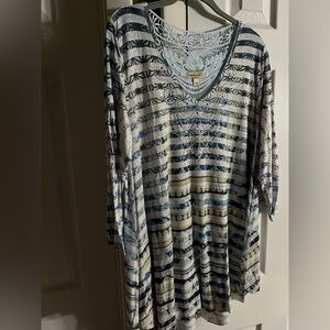 ONE WORLD Blue and White Graphic Tunic 3/4 Sleeve